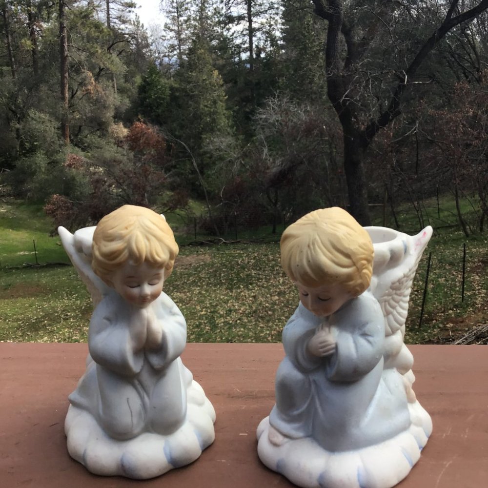 Praying Angels Vintage Taper Holders Matte Ceramic 5” - Picture 1 of 5